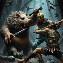 An intense and chaotic battle scene featuring a stout humanoid boar warrior, characterized by its large size and fierce expression, fiercely fighting alongside Jason Voorhees, known for his iconic hockey mask