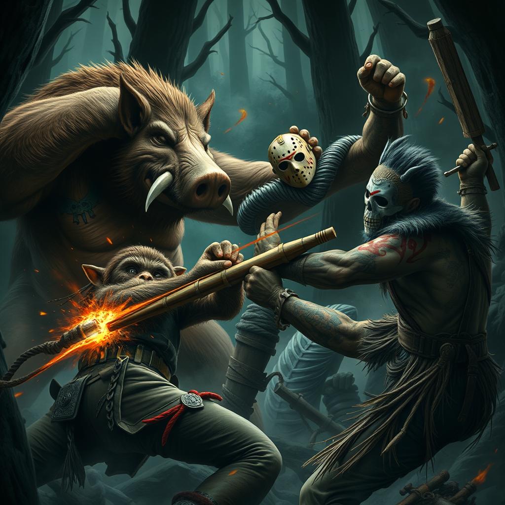 An intense and chaotic battle scene featuring a stout humanoid boar warrior, characterized by its large size and fierce expression, fiercely fighting alongside Jason Voorhees, known for his iconic hockey mask