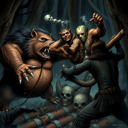 An intense and chaotic battle scene featuring a stout humanoid boar warrior, characterized by its large size and fierce expression, fiercely fighting alongside Jason Voorhees, known for his iconic hockey mask