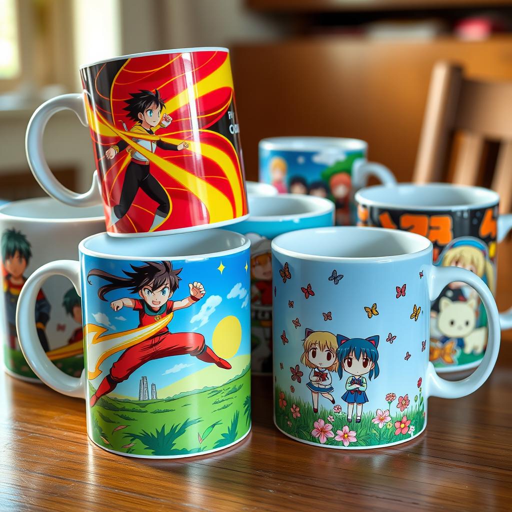 A collection of vibrant and colorful anime-themed mugs featuring popular characters from various anime series