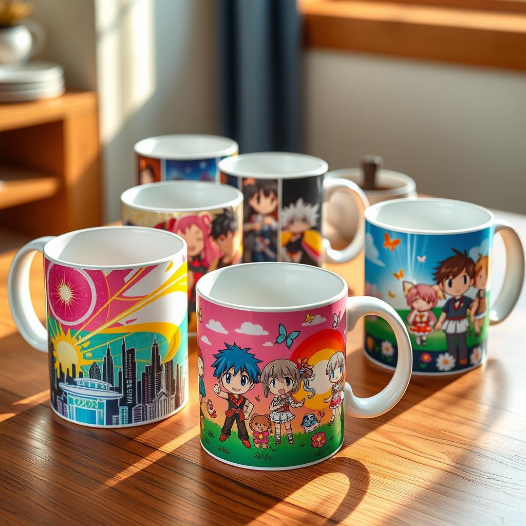 A collection of vibrant and colorful anime-themed mugs featuring popular characters from various anime series