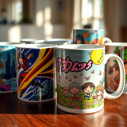 A collection of vibrant and colorful anime-themed mugs featuring popular characters from various anime series