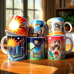 A collection of vibrant and colorful anime-themed mugs featuring popular characters from various anime series