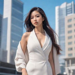 Glorious anime-style illustration of an irresistibly beautiful Asian woman, replicating a high-fashion Instagram model. She's dressed in chic attire, striking a captivating pose against an enchanting, modern urban backdrop.