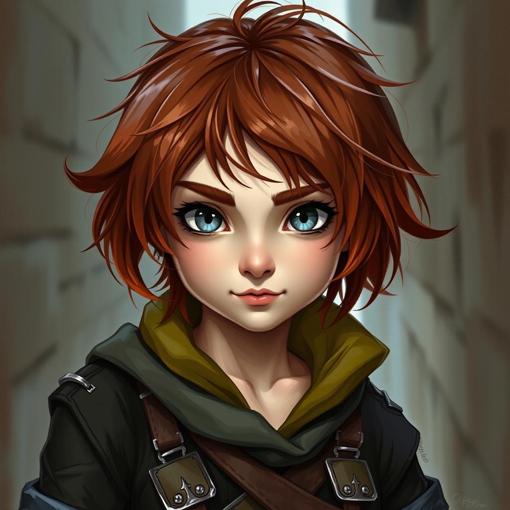 A vividly painted portrait of a female halfling rogue thief, exuding charm and mischief