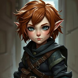 A vividly painted portrait of a female halfling rogue thief, exuding charm and mischief