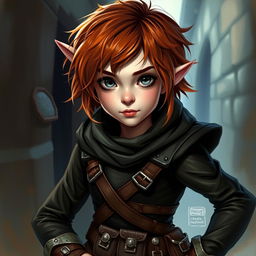 A vividly painted portrait of a female halfling rogue thief, exuding charm and mischief