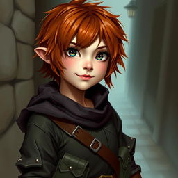 A vividly painted portrait of a female halfling rogue thief, exuding charm and mischief