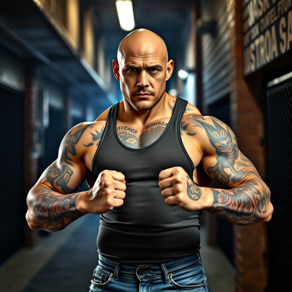 A strong, muscular bald man with impressive tattoos covering his arms and torso, standing confidently in a fighting stance