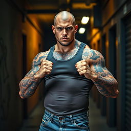 A strong, muscular bald man with impressive tattoos covering his arms and torso, standing confidently in a fighting stance