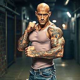 A strong, muscular bald man with impressive tattoos covering his arms and torso, standing confidently in a fighting stance