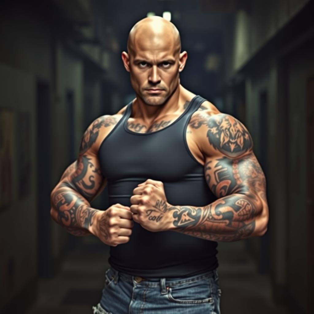 A strong, muscular bald man with impressive tattoos covering his arms and torso, standing confidently in a fighting stance