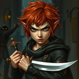 A striking painted portrait of a female halfling rogue thief, exuding an air of threat and mischief