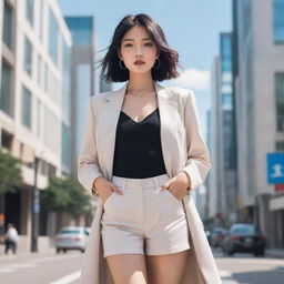 Glorious anime-style illustration of an irresistibly beautiful Asian woman, replicating a high-fashion Instagram model. She's dressed in chic attire, striking a captivating pose against an enchanting, modern urban backdrop.