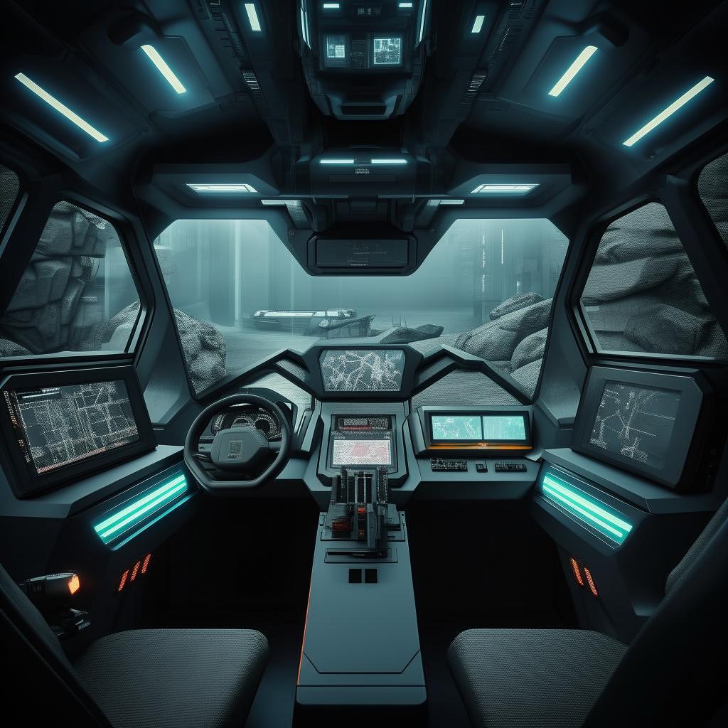 The driver's cabin interior of a futuristic commando's van, featuring a high-tech dashboard with advanced navigation and surveillance systems, a reinforced driver's seat, and interactive feedback screens.