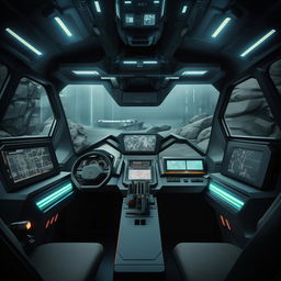 The driver's cabin interior of a futuristic commando's van, featuring a high-tech dashboard with advanced navigation and surveillance systems, a reinforced driver's seat, and interactive feedback screens.