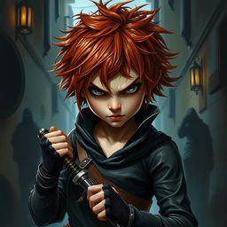 A striking painted portrait of a female halfling rogue thief, exuding an air of threat and mischief