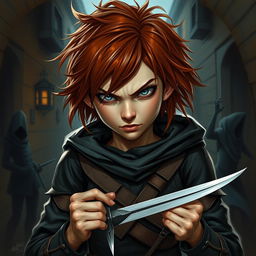 A striking painted portrait of a female halfling rogue thief, exuding an air of threat and mischief