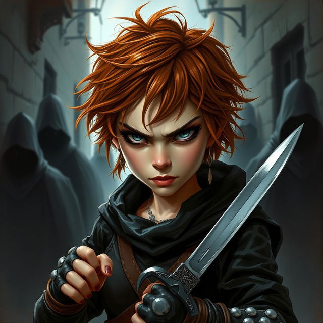 A striking painted portrait of a female halfling rogue thief, exuding an air of threat and mischief