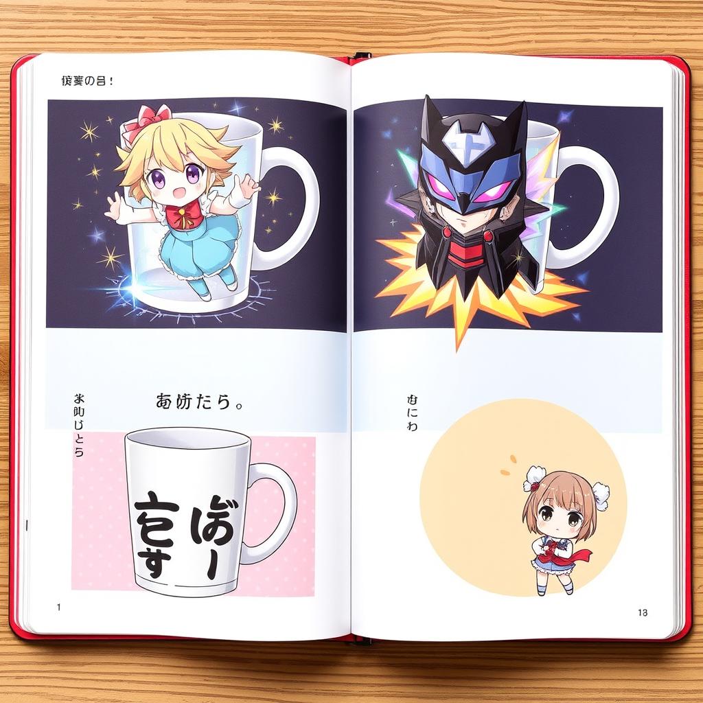 A beautifully illustrated collection of anime-themed mugs, each displayed on its own page in a visually striking layout