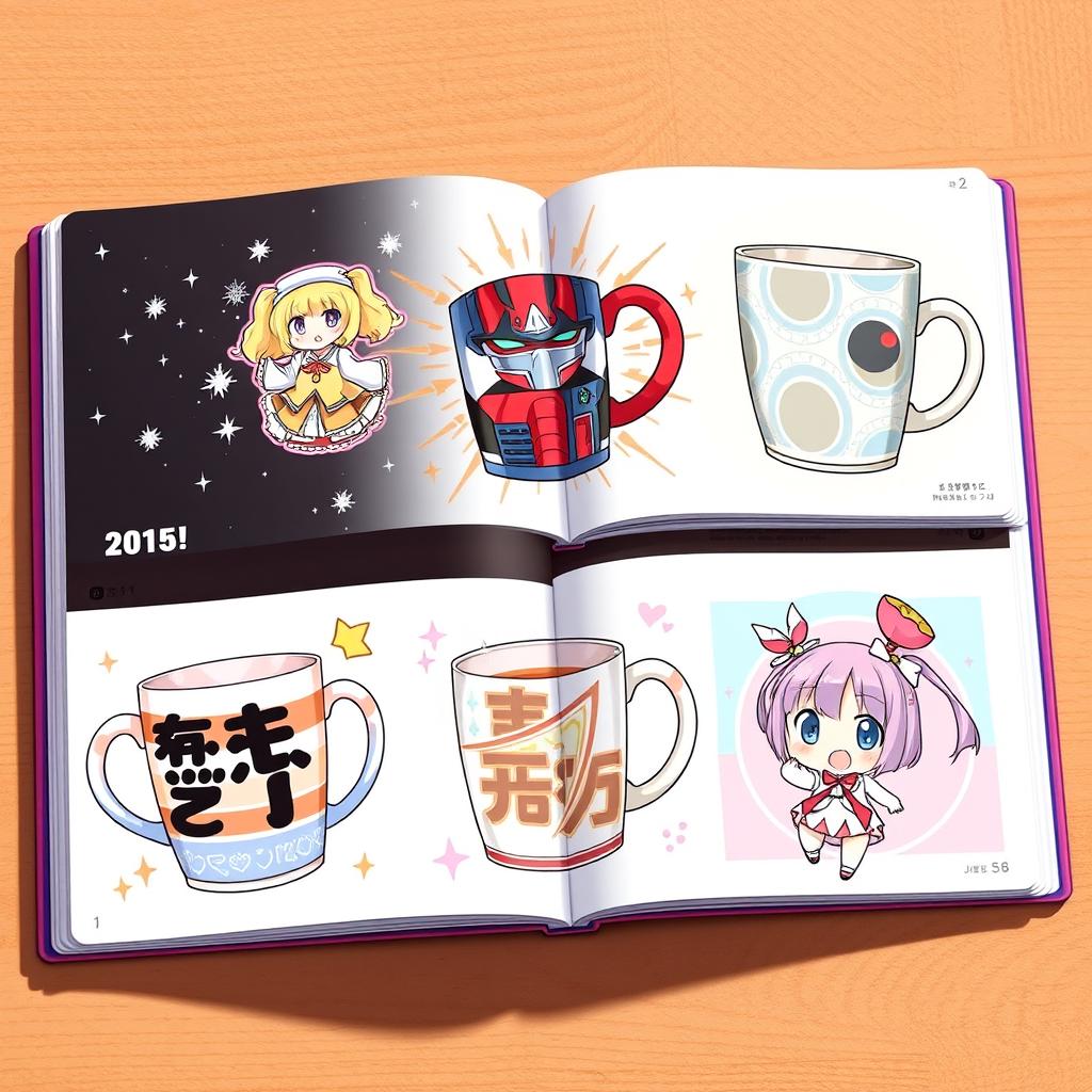 A beautifully illustrated collection of anime-themed mugs, each displayed on its own page in a visually striking layout