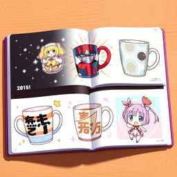 A beautifully illustrated collection of anime-themed mugs, each displayed on its own page in a visually striking layout