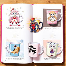 A beautifully illustrated collection of anime-themed mugs, each displayed on its own page in a visually striking layout