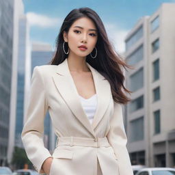 Glorious anime-style illustration of an irresistibly beautiful Asian woman, replicating a high-fashion Instagram model. She's dressed in chic attire, striking a captivating pose against an enchanting, modern urban backdrop.