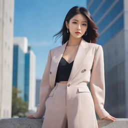 Glorious anime-style illustration of an irresistibly beautiful Asian woman, replicating a high-fashion Instagram model. She's dressed in chic attire, striking a captivating pose against an enchanting, modern urban backdrop.