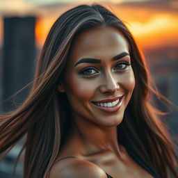 A stunning portrait of a woman with long flowing hair, her gaze confidently directed towards the viewer