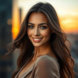 A stunning portrait of a woman with long flowing hair, her gaze confidently directed towards the viewer