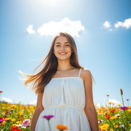 A young woman standing in a blooming flower field under a clear blue sky