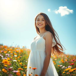 A young woman standing in a blooming flower field under a clear blue sky