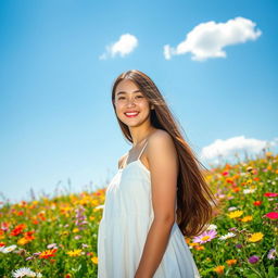 A young woman standing in a blooming flower field under a clear blue sky