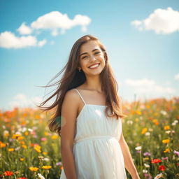 A young woman standing in a blooming flower field under a clear blue sky