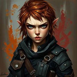 A painted portrait of a halfling rogue female thief with short, messy auburn hair and piercing grey eyes that convey a sense of danger