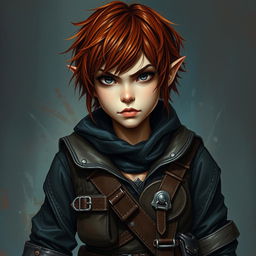 A painted portrait of a halfling rogue female thief with short, messy auburn hair and piercing grey eyes that convey a sense of danger