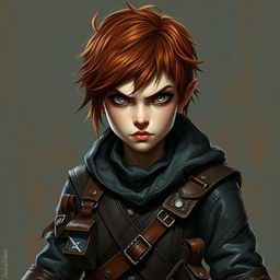 A painted portrait of a halfling rogue female thief with short, messy auburn hair and piercing grey eyes that convey a sense of danger