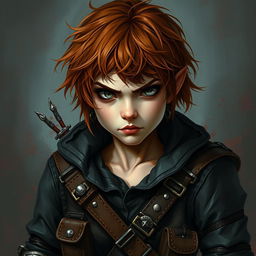 A painted portrait of a halfling rogue female thief with short, messy auburn hair and piercing grey eyes that convey a sense of danger