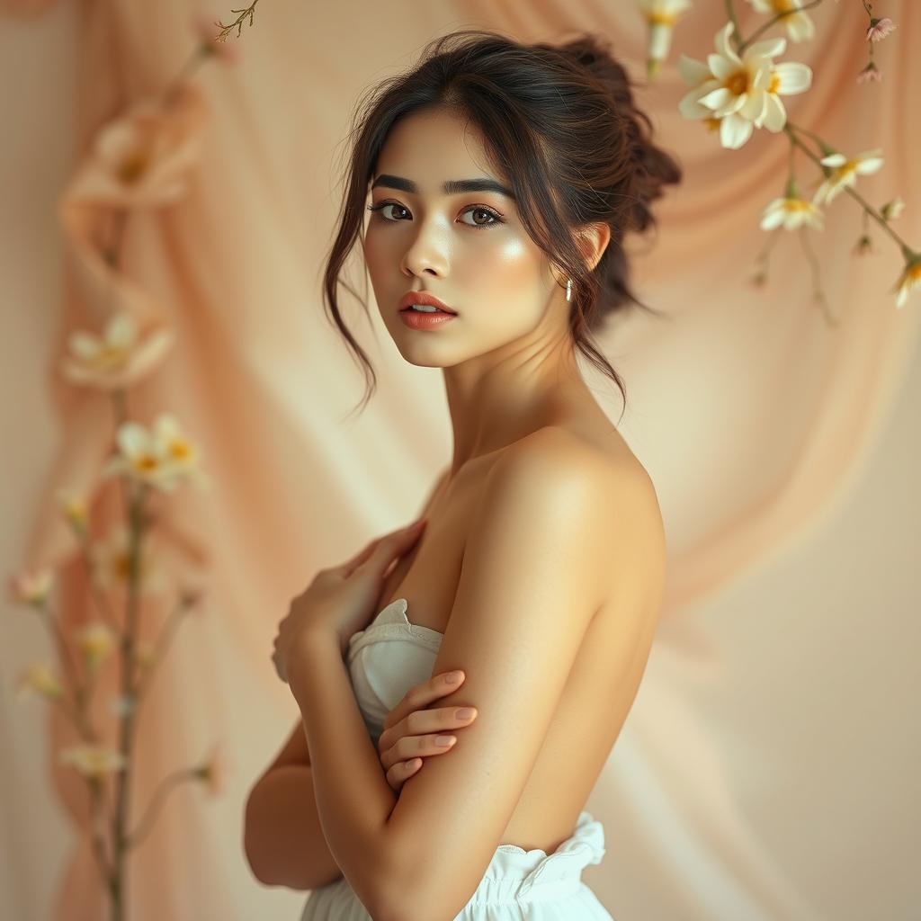 A beautiful young woman standing confidently in an artistic pose, her skin glowing with a soft light, surrounded by a serene atmosphere filled with gentle, ethereal elements such as delicate flowers and flowing fabrics