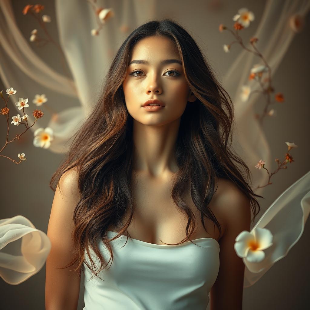 A beautiful young woman standing confidently in an artistic pose, her skin glowing with a soft light, surrounded by a serene atmosphere filled with gentle, ethereal elements such as delicate flowers and flowing fabrics