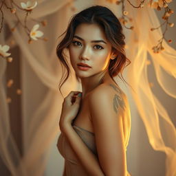 A beautiful young woman standing confidently in an artistic pose, her skin glowing with a soft light, surrounded by a serene atmosphere filled with gentle, ethereal elements such as delicate flowers and flowing fabrics