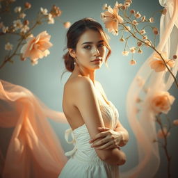 A beautiful young woman standing confidently in an artistic pose, her skin glowing with a soft light, surrounded by a serene atmosphere filled with gentle, ethereal elements such as delicate flowers and flowing fabrics