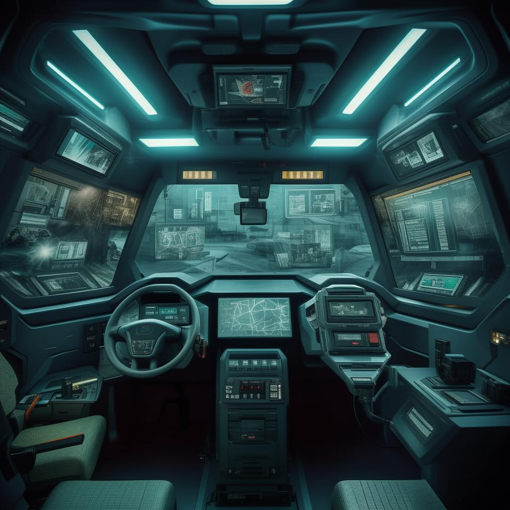 The driver's cabin interior of a futuristic commando's van, featuring a high-tech dashboard with advanced navigation and surveillance systems, a reinforced driver's seat, and interactive feedback screens.