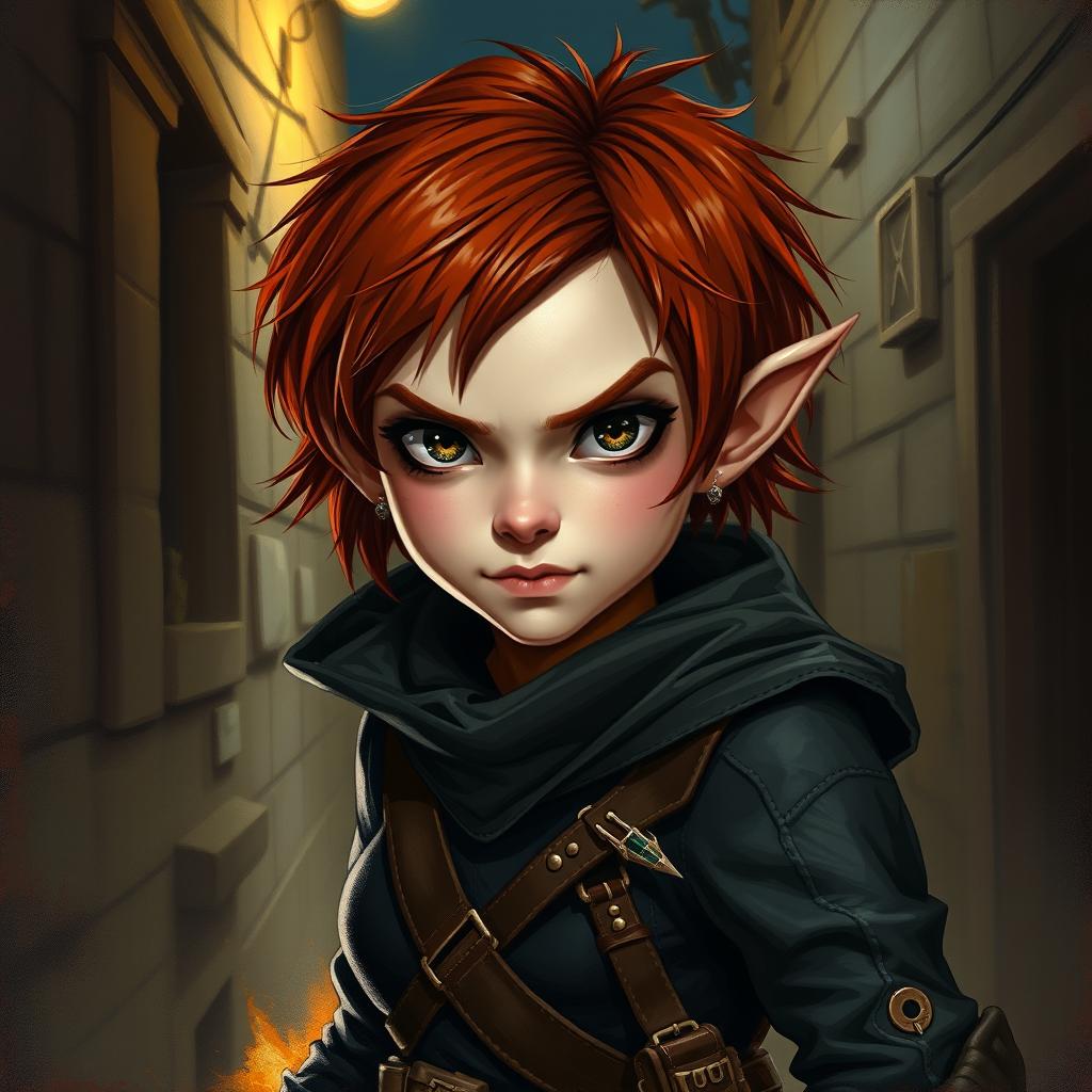 A painted portrait of a female halfling rogue thief, showcasing her short messy auburn hair and striking grey eyes that convey a sense of danger