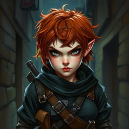 A painted portrait of a female halfling rogue thief, showcasing her short messy auburn hair and striking grey eyes that convey a sense of danger