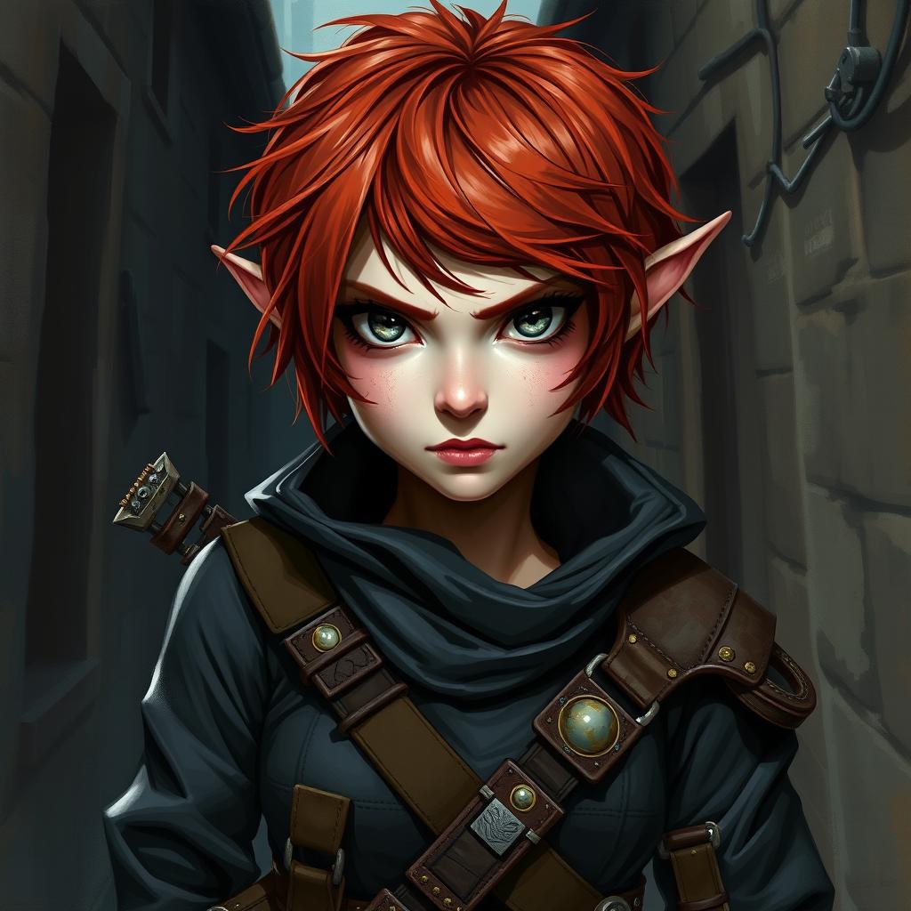 A painted portrait of a female halfling rogue thief, showcasing her short messy auburn hair and striking grey eyes that convey a sense of danger