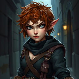 A painted portrait of a female halfling rogue thief, showcasing her short messy auburn hair and striking grey eyes that convey a sense of danger