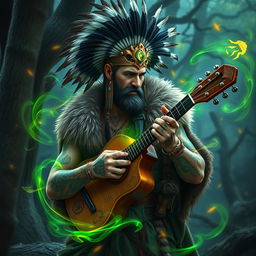 A Mexican Viking warlock bard with intricate tattoos, wearing a feathered headdress and a fur-lined cloak, passionately playing a jouhikko