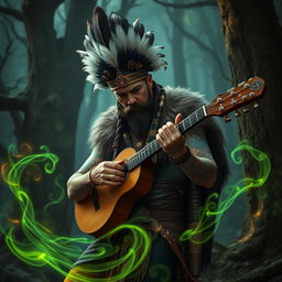 A Mexican Viking warlock bard with intricate tattoos, wearing a feathered headdress and a fur-lined cloak, passionately playing a jouhikko